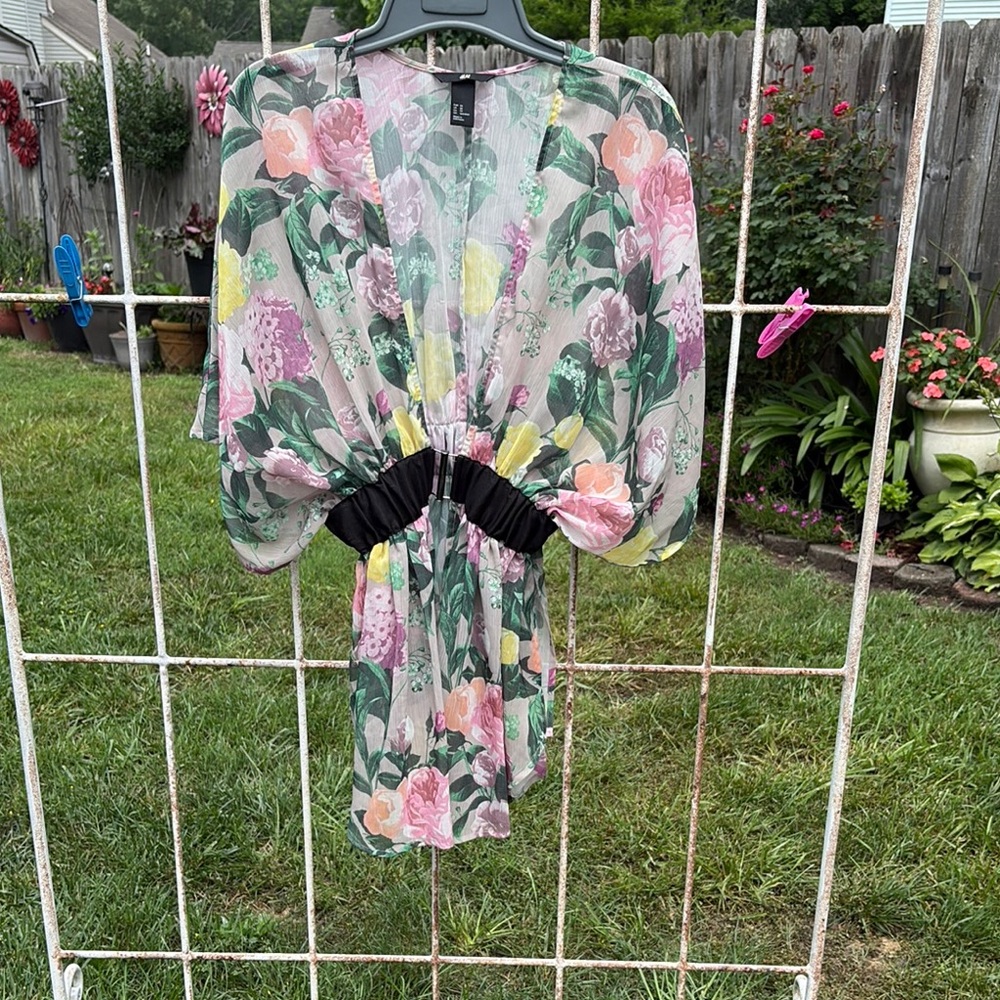 H&M Sheer Floral Kimono with Pink and Green Accents